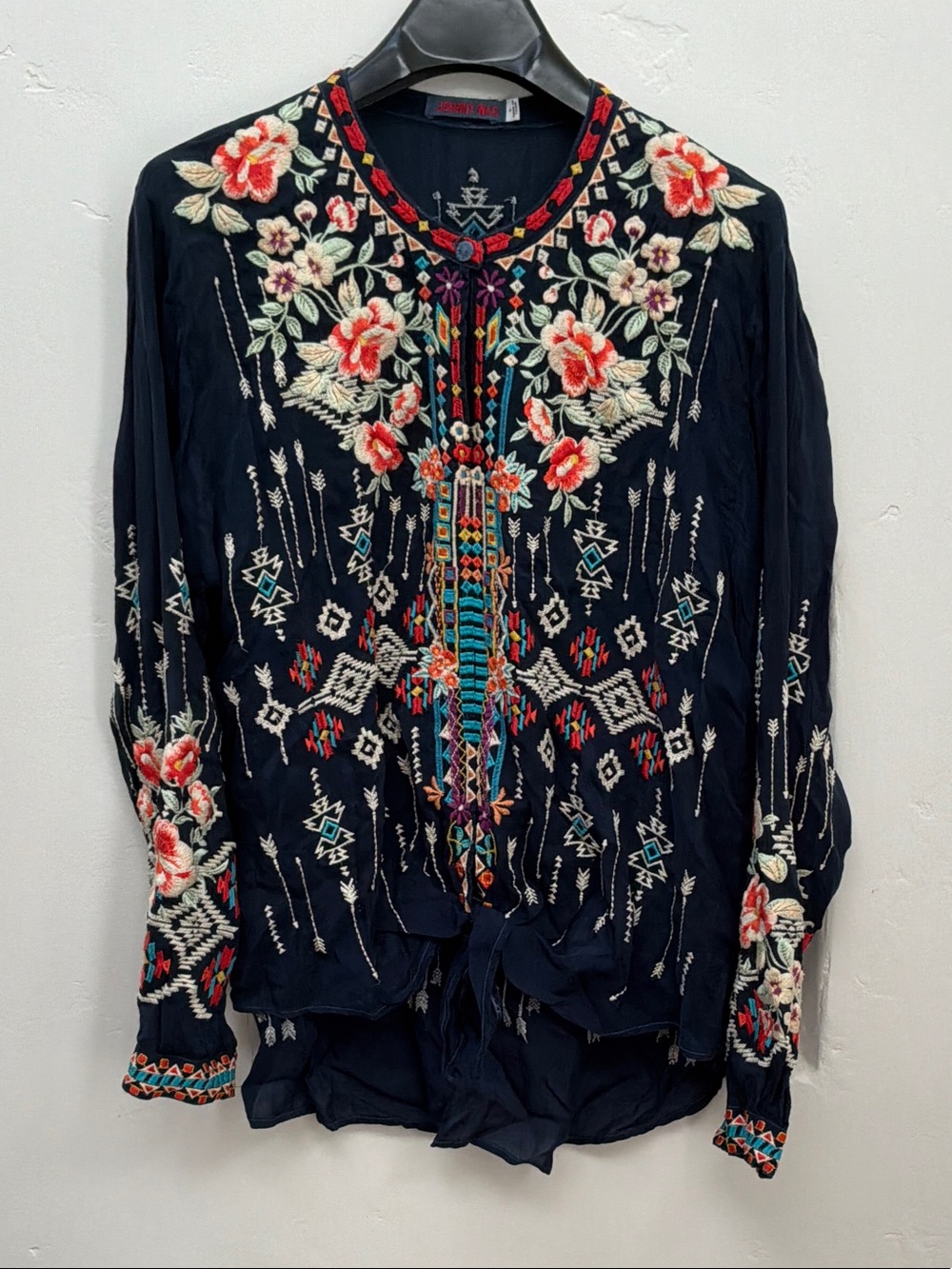 Johnny Was Navy Multicolor Embroidered Boho Tunic